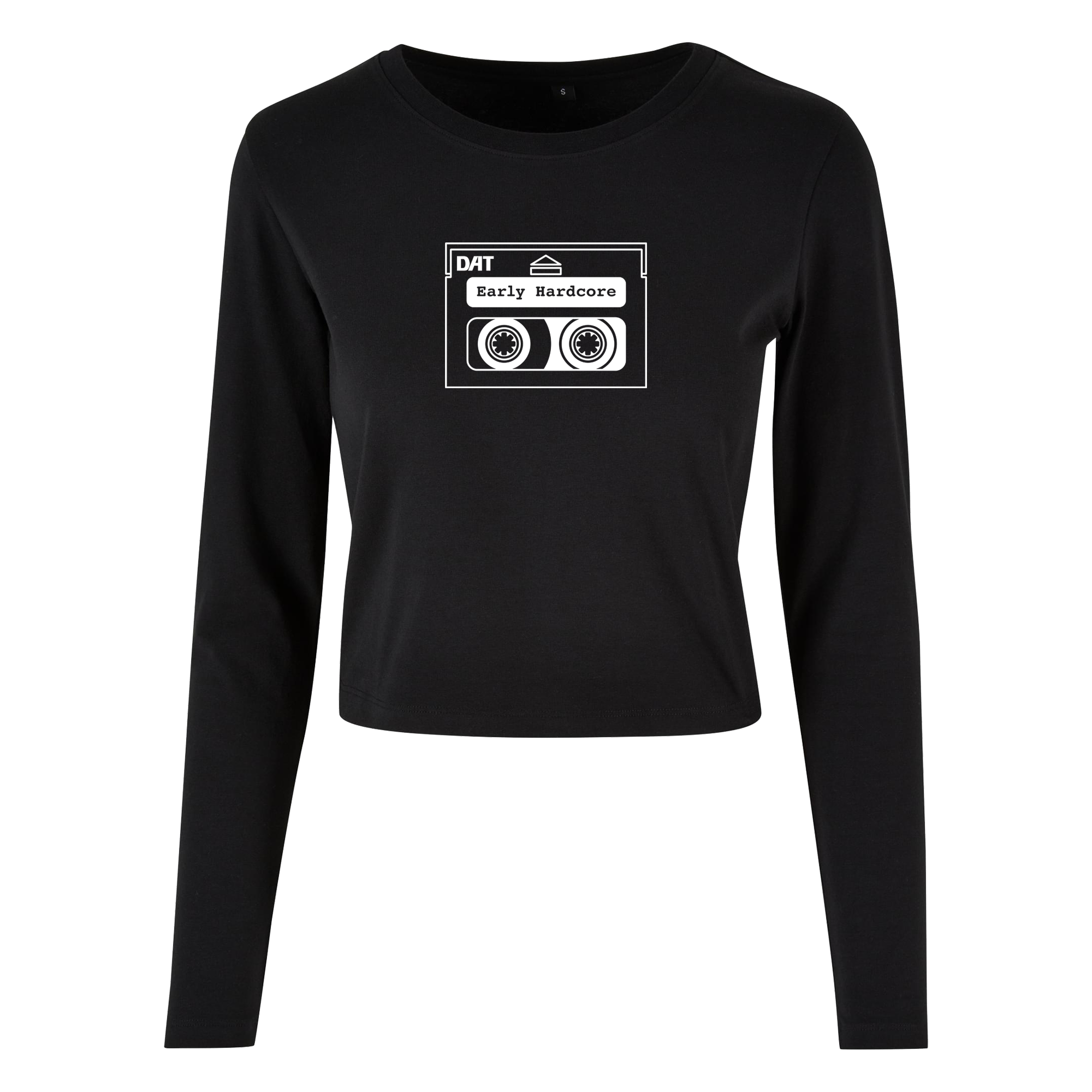 DAT Tape, 90's , Early hardcore op een zwarte ladies longsleeve op Coreplaza.